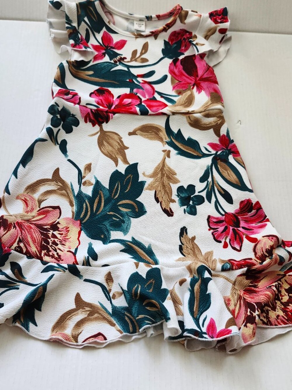 SHEIN Floral Print, Ruffle Trim Girl's Mini Dress, Size 7Y